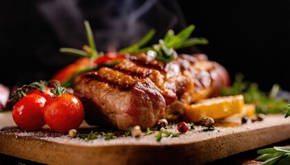 Copy Space image with close up of barbecue ribs on cutting board over wooden table.