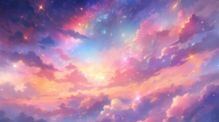 Obraz premium A sky with rainbow aurora, starlight, and beautiful clouds. Generative AI