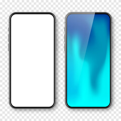 Smartphone with blank touch screen and abstract colorful background, wallpaper. Frameless mobile phone in front view. High quality detailed device mockup. Vector illustration