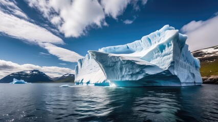 A majestic iceberg formation on the sunny blue shore of the Atlantic Ocean in Greenland. The iceberg is reflected in the calm sea water under a blue sky in daylight.