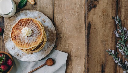 Fototapeta na wymiar Copy Space image of Freshly made belgian waffles with honey flows and powdered sugar.