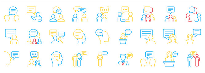 Talk, speech, discussion, dialog, meeting, chat, conference, speaking icon set, vector illustration on white background