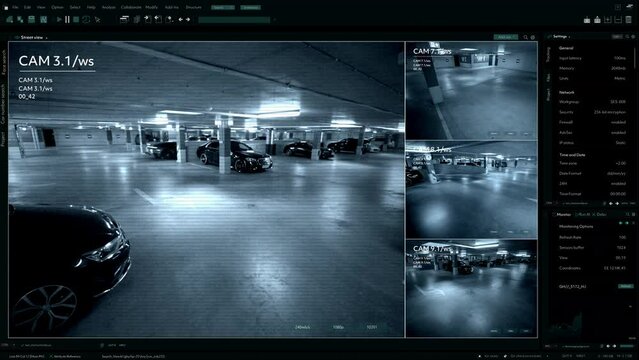 Surveillance Camera CCTV Video, Multiple Screens Show Secure Underground Garage. High-Tech Security and Data Protection Mock-up. Screen Replacement Template for Computer Displays