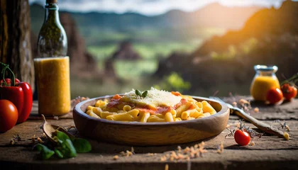 Foto auf Alu-Dibond Copy Space image of Mac and cheese american macaroni pasta with cheesy Cheddar sauce with landscape view © ImagineWorld