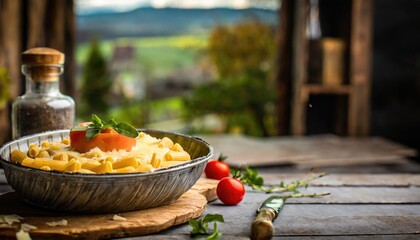 Copy Space image of Mac and cheese american macaroni pasta with cheesy Cheddar sauce with landscape...