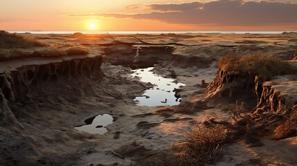 Obraz premium Eroded landscape of middens and creek beds at sunset