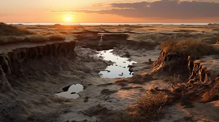 Fotobehang Eroded landscape of middens and creek beds at sunset © paisorn