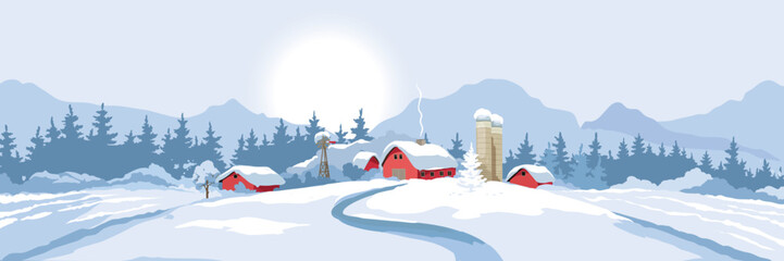 Abstract winter rural landscape with farm house. Vector illustration, wheat fields and meadows. Christmas time.	 - obrazy, fototapety, plakaty