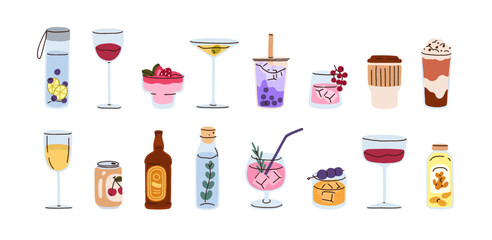 Drinks, beverages set. Alcohol cocktails, herbal water, coffee, martini, wine, iced whiskey in glasses, cups, wineglasses, cans and bottles. Flat vector illustrations isolated on white background
