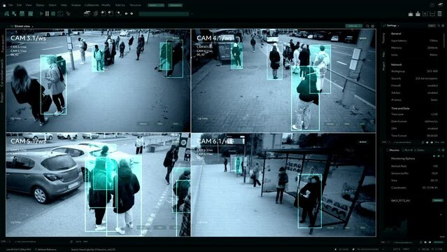 CCTV AI Facial Recognition Camera Authentificating People on Street. Security Camera Surveillance Footage Identity Scanning Crowds of People Walking Safely on Big City Streets. Big Data AI Analysis