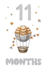Baby Milestone Card with Beige Hot Air Balloon, clouds and stars. Baby's eleven month. Eleven month of baby. Monthly numbers cards. Newborn month postcard. Card for kids' photos.