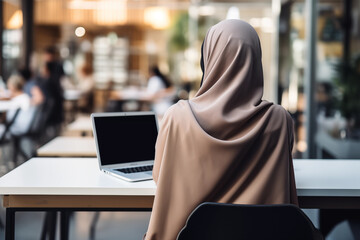 Unrecognizable arab woman in hijab using laptop blank screen in coworking space, back view