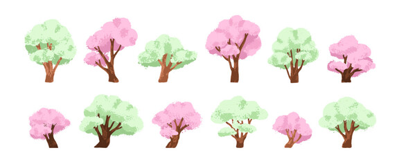 Cherry blossom trees with pink sakura blooms, flowers and green leaf. Spring Japanese floral plants. Japan sacura set, gorgeous beautiful nature. Flat vector illustrations isolated on white background © Good Studio