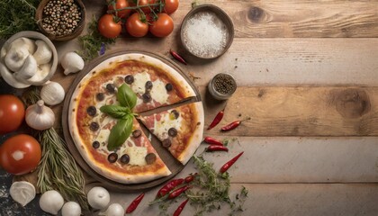 Obraz na płótnie Canvas Copy Space image of Delicious pizza margarita with mozzarella on dark wooden