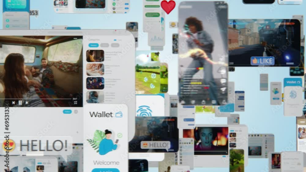 Poster Social Media Mega App Concept: Animated Stream of Content. Browsing through Multimedia all in one Entertaiment, Messaging, TV, Videos, emoji, Sharing, Video Game Playing, Fintech Online Shopping