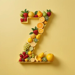 The fruits arranged in the shape  of Z, pastel yellow background