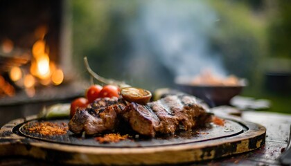 Copy Space image of Barbecue grilled and sliced wagyu Rib Eye beef meat steak on a plate with smoke on bokeh background. - obrazy, fototapety, plakaty