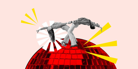 Flexible, positive mana nd woman, couple dancing on giant disco ball over light background....