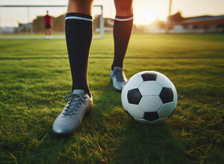 Football and soccer player - ball and legs on pitch