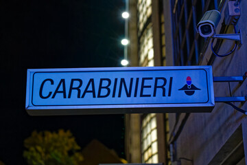 Carabinieri sign with surveillance camera outside of police station at the old town of Venice on a...