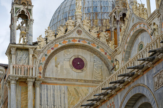Roof with domes of cathedral Basilica San Marco at Piazza San Marco at City of Venice on a cloudy summer day. Photo taken August 6th, 2023, Venice, Italy.