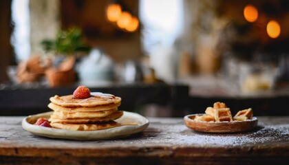 Copy Space image of  Delicious viennese waffles with maple syrup drizzle and blackberry on dark brown wood background. - obrazy, fototapety, plakaty