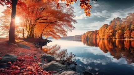 Fensteraufkleber fall foliage autumn landscape with lake and trees © paisorn