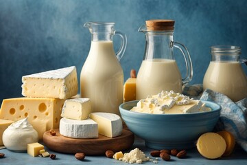 Dairy products on blue background. Milk, cheese, sour cream, cottage cheese