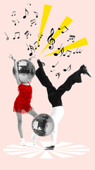 Stylish artistic man and woman with disco balls on head dancing over light background. Contemporary...