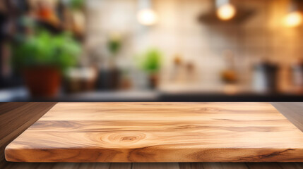 Fototapeta na wymiar Wood table top on blurred kitchen background created with Generative Ai