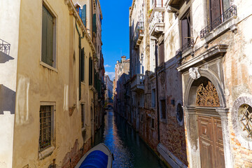 Scenic view of canal with bridge in the background and historic houses at the old town of Venice on...