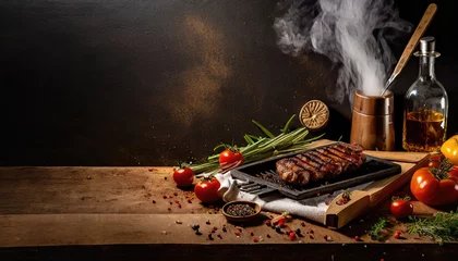 Foto op Canvas steak new York beef breeds of black Angus with herbs, garlic and butter on a wooden Board. © ImagineWorld