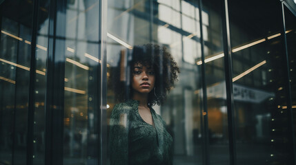 Elegant woman through a large window with multiple reflections - obrazy, fototapety, plakaty