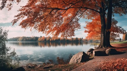 fall foliage autumn landscape with lake and trees