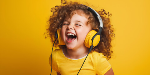 Joyful little girl with curly hair enjoying music with yellow headphones against a vibrant yellow...