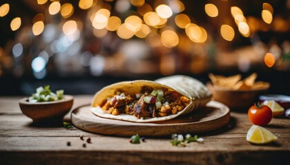 Copy Space image of Burrito wraps from fillet grilled chicken, pickles, tomatoes and cheese on night bokeh street background - obrazy, fototapety, plakaty