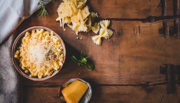 Copy Space image of Macaroni and Cheese, Pasta combined with a creamy cheese sauce.