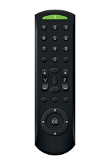 Fototapeta premium Tv remote control design with buttons. Wireless power media device to switch channel programmes remotely. Universal controller of technology equipment, isolated vector illustration