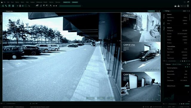CCTV Security Camera Outside Logistics Retailer Warehouse with Cars Parked and Delivery Truck Driving. Storehouse Delivery Concept: Online Orders, Purchases, E-Commerce Goods, Retailer Products, Goods