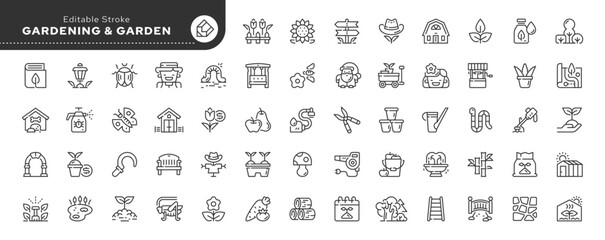 Set of line icons in linear style. Series - Gardening and garden. Growing plants and gardening tools. Outline icon collection. Conceptual pictogram and infographic. Editable stroke. © PaHa