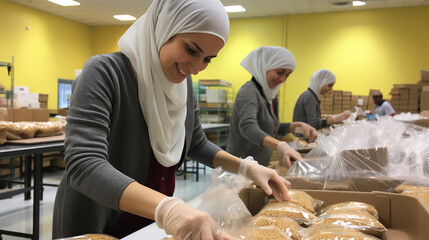 Preparing meal packages for the less fortunate during Ramadan - obrazy, fototapety, plakaty