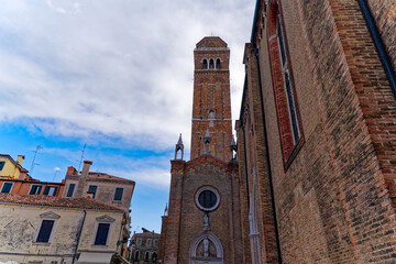 Old town of Italian City of Venice with church tower of Frari church on a summer day. Photo taken August 6th, 2023, Venice, Italy.