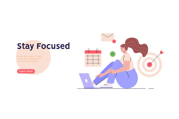 Naklejka na ściany i meble Stay focused concept. Woman working with aim, schedule and new letter. Work in focus, productivity, self discipline. Goal achievement. Vector illustration for web design, banner, UI