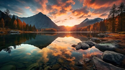 Fantastic autumn sunset of Hintersee lake