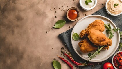 Copy Space image of crunchy Baked Chicken Tenders on a plate with tomato sauce, flat lay