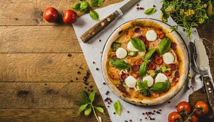 Fototapeta premium Copy Space image of Pizza Margherita on wooden background, Pizza Margarita with Tomatoes,