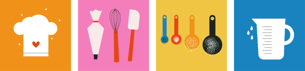 Collection of cooking food vector design elements. Kitchen utensils icon set. Kitchenware for cooking and baking. Colorful spoons. Flat vector illustration. Trendy abstract style. Scandinavian design - obrazy, fototapety, plakaty