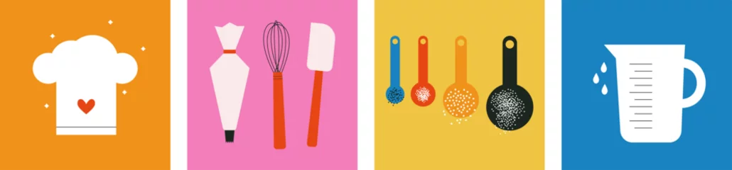 Küchenrückwand glas motiv Collection of cooking food vector design elements. Kitchen utensils icon set. Kitchenware for cooking and baking. Colorful spoons. Flat vector illustration. Trendy abstract style. Scandinavian design © Mariia