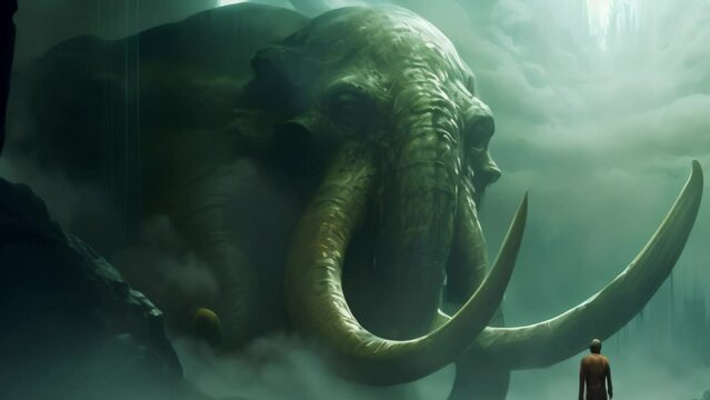 Giant mammoth head in a misty valley close-up prehistoric fantasy animation