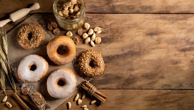 Copy Space image of Variety of donuts over a rustic background shot from overhead